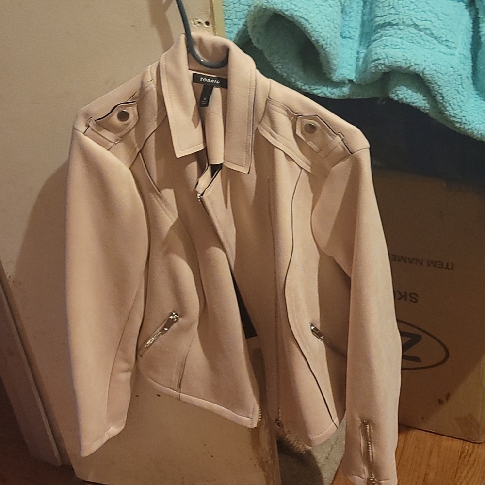 Blush stretch suede moto